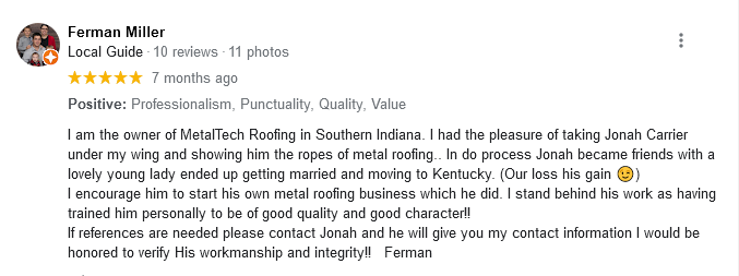 Metal roofing installation customer review