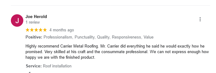Metal roofing installation customer review