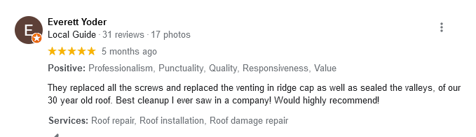 Metal roofing installation customer review